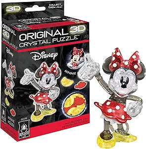 3D crystal puzzle of Minnie Mouse in multi-color, featuring her iconic polka dot dress and bow, with packaging visible.