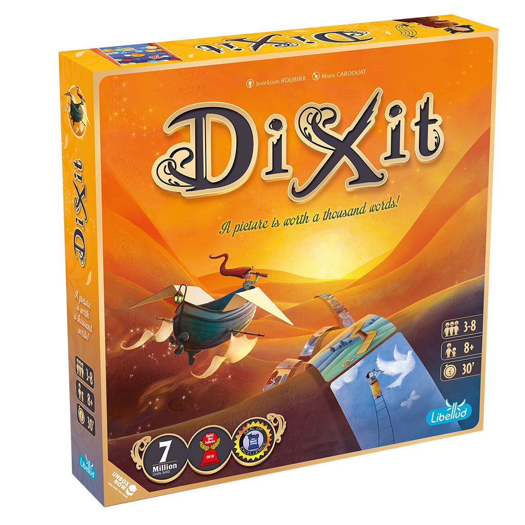 Dixit board game box featuring whimsical artwork, suitable for 3-8 players, ages 8 and up, with a 30-minute playtime.