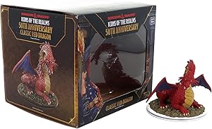Dungeons & Dragons Classic Red Dragon miniature with detailed features, displayed beside its commemorative packaging.