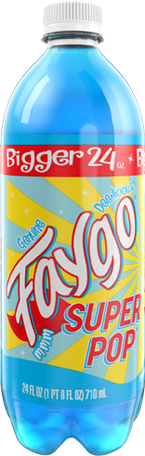 Bright blue Faygo Super Pop 24oz bottle with vibrant yellow and red label, featuring playful graphics and text.