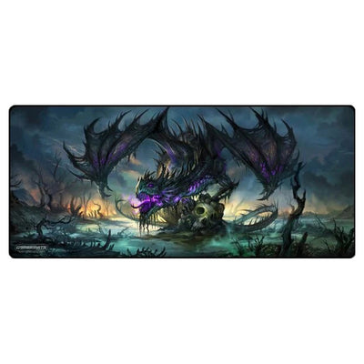 Fantasy-themed desk mat featuring a menacing dragon with purple accents, set against a dark, eerie landscape.