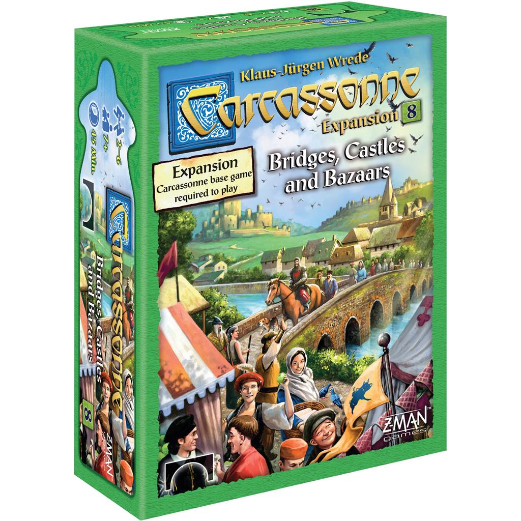 Carcassonne Expansion 8: Bridges, Castles and Bazaars box featuring vibrant artwork of a medieval landscape and characters.