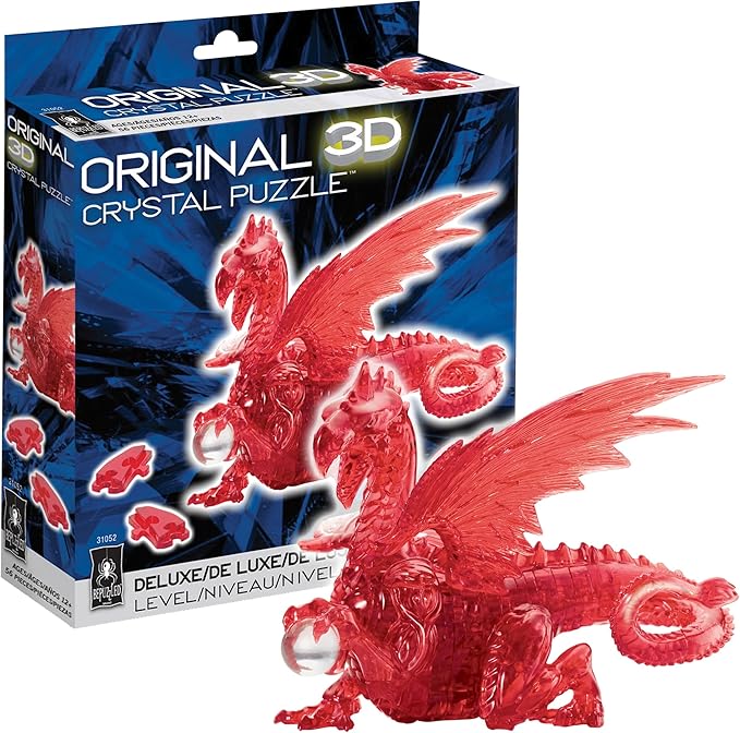 3D crystal puzzle of a red dragon, featuring intricate details and a box showcasing the completed design.