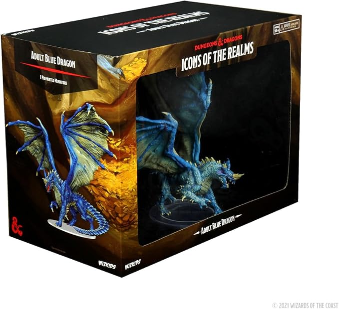 Dungeons & Dragons Adult Blue Dragon premium figure in a display box, showcasing detailed wings and vibrant colors.