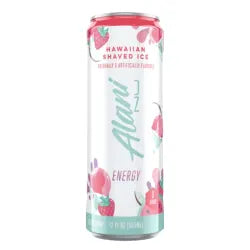 Alani Nu Hawaiian Shaved Ice energy drink can featuring vibrant colors and fruit illustrations, 12oz size.