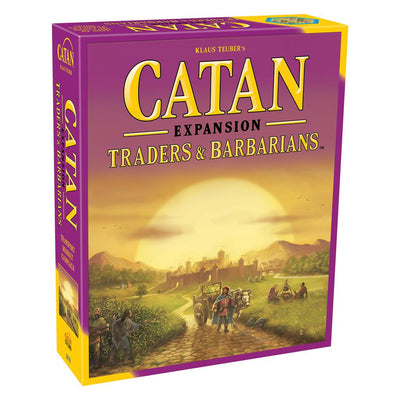 Catan Traders and Barbarians expansion box featuring vibrant artwork of a landscape with a caravan and medieval town.