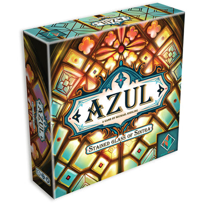 Colorful box of Azul: Stained Glass of Sintra board game featuring intricate stained glass design and title.