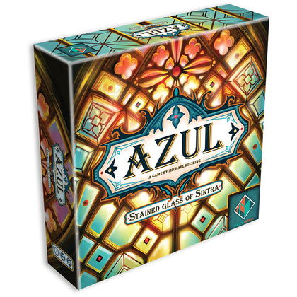 Colorful box of Azul: Stained Glass of Sintra board game featuring intricate stained glass design and title.
