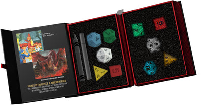 Holmes Retro & Modern Polyhedral Dice Set for D&D 50th Anniversary, featuring colorful dice and a decorative box.