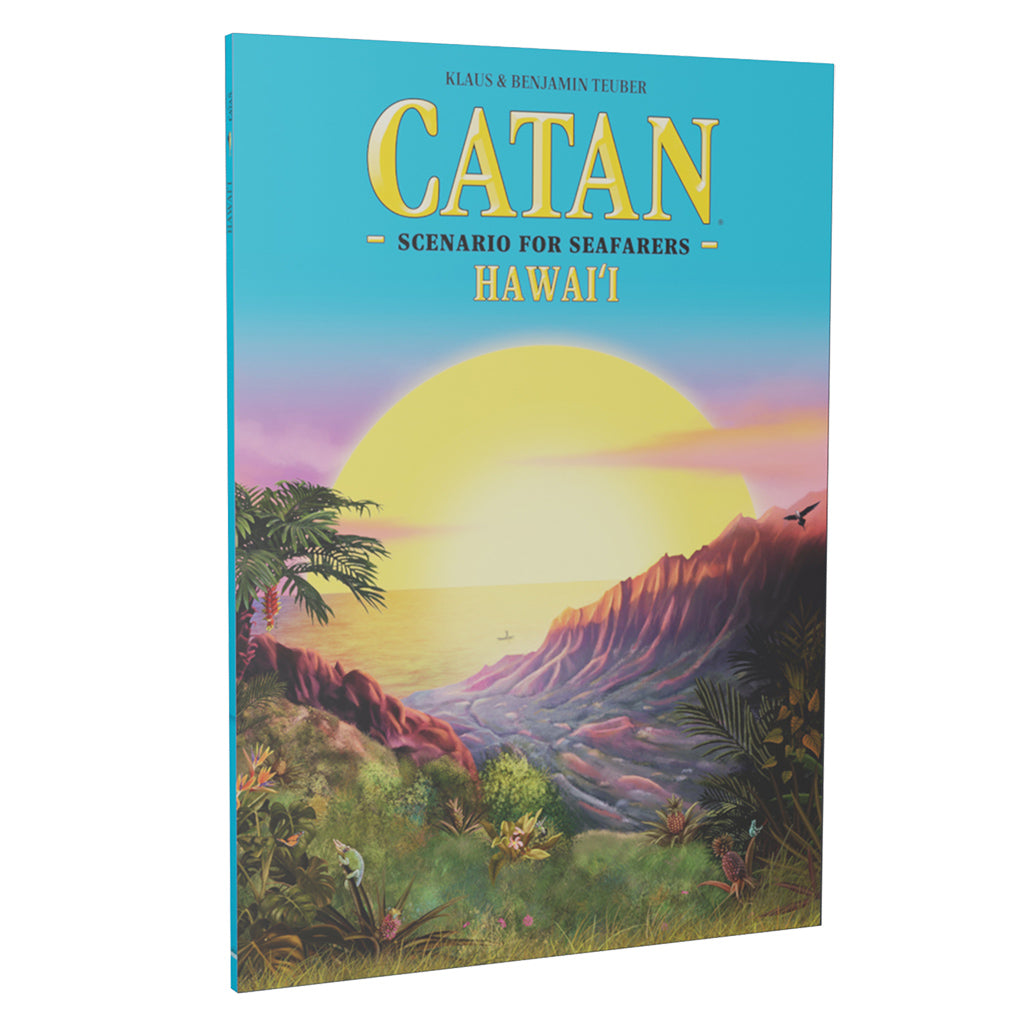 Catan - Hawai'i Seafarers Scenario game box featuring a vibrant sunset over tropical landscapes and ocean.