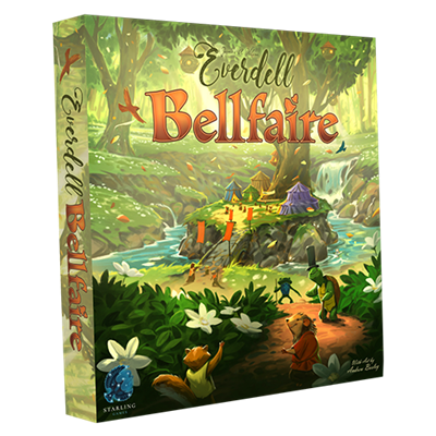 Everdell: Bellfaire Expansion board game box featuring a vibrant forest scene with woodland creatures and a village.