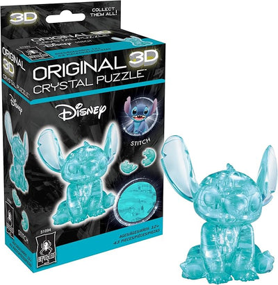3D crystal puzzle of Disney's Stitch in blue, featuring 43 pieces and a box design showcasing the character.