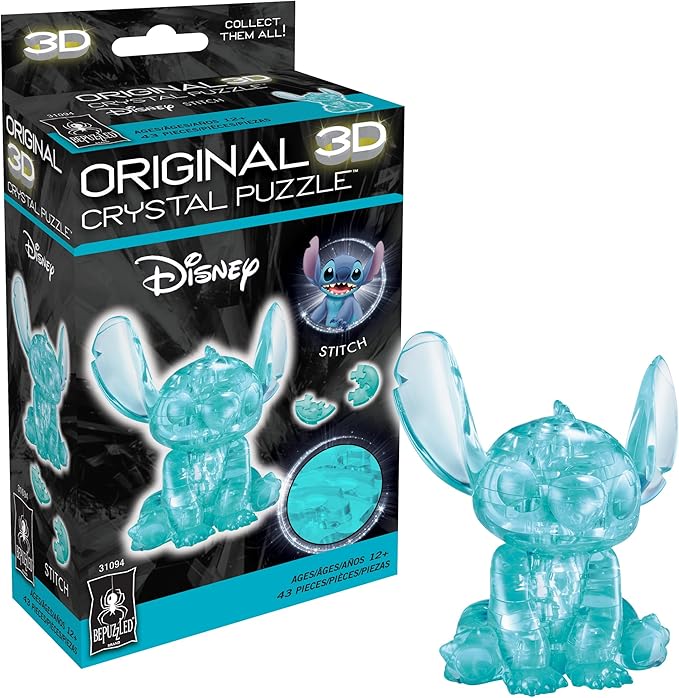 3D crystal puzzle of Disney's Stitch in blue, featuring 43 pieces and a box design showcasing the character.