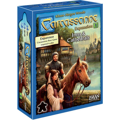Carcassonne Expansion 1: Inns and Cathedrals box featuring artwork of a man, woman, and horse near medieval buildings.