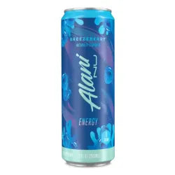 Alani Nu Breezeberry energy drink in a 12oz can featuring a vibrant blue design with berry graphics.