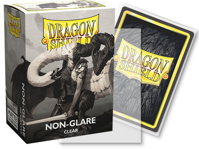 Dragon Shield Matte Sleeves in Non-Glare Clear, 100-count pack, designed for protecting trading cards and game pieces.