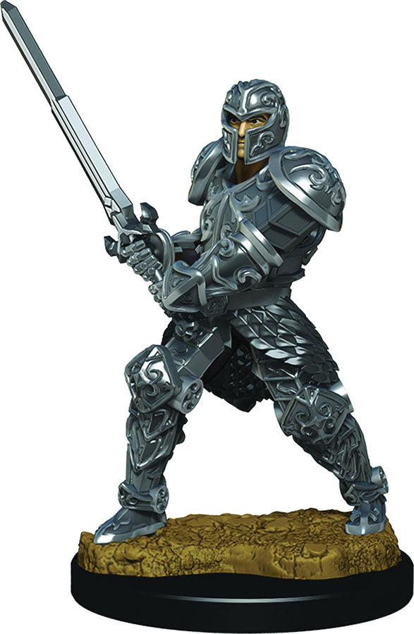 Premium Dungeons & Dragons human male fighter miniature in ornate armor, wielding a sword, ready for battle.