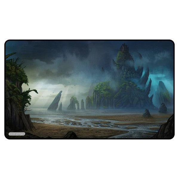 A scenic playmat featuring a mystical island landscape with rocky formations, lush greenery, and a moody sky.
