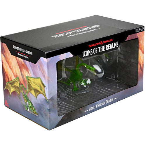 Dungeons & Dragons Adult Emerald Dragon figure in a display box, showcasing intricate details and vibrant green colors.