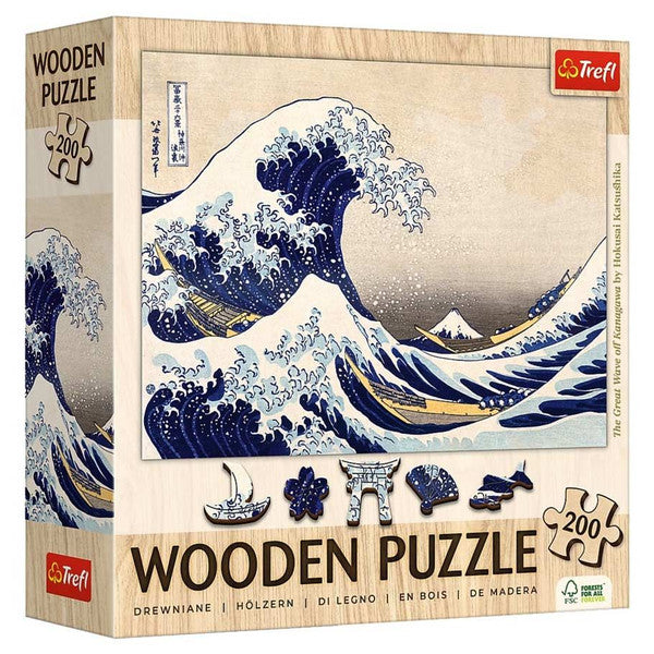 200-piece wooden puzzle featuring Hokusai's iconic "The Great Wave Off Kanagawa" artwork, showcasing vibrant waves and Mount Fuji.