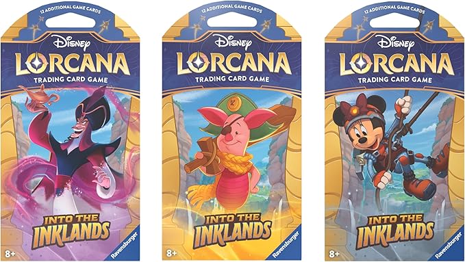 Disney Lorcana TCG Into the Inklands Booster Sleeve pack featuring colorful character art of Piglet, Mickey Mouse, and Maleficent.