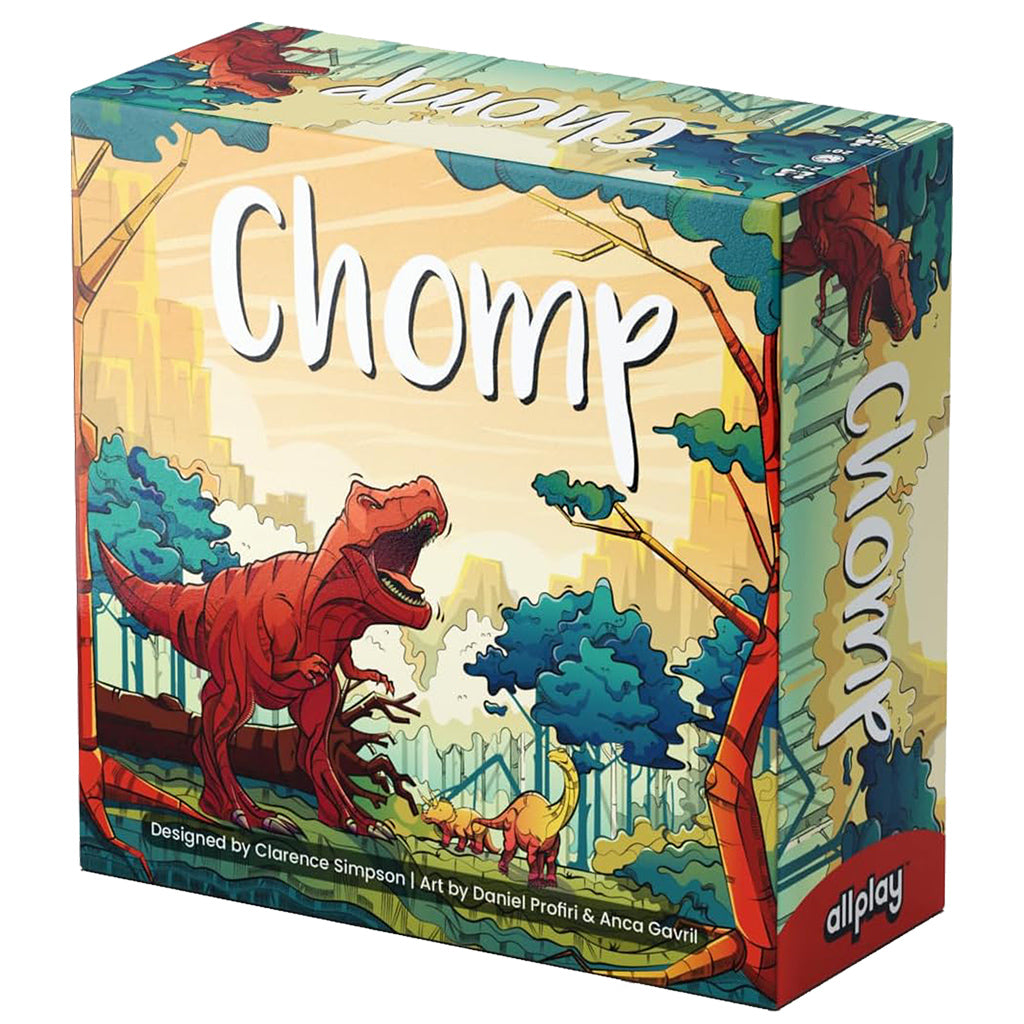Colorful board game box for "Chomp," featuring a dinosaur and vibrant jungle artwork, designed for fun gameplay.