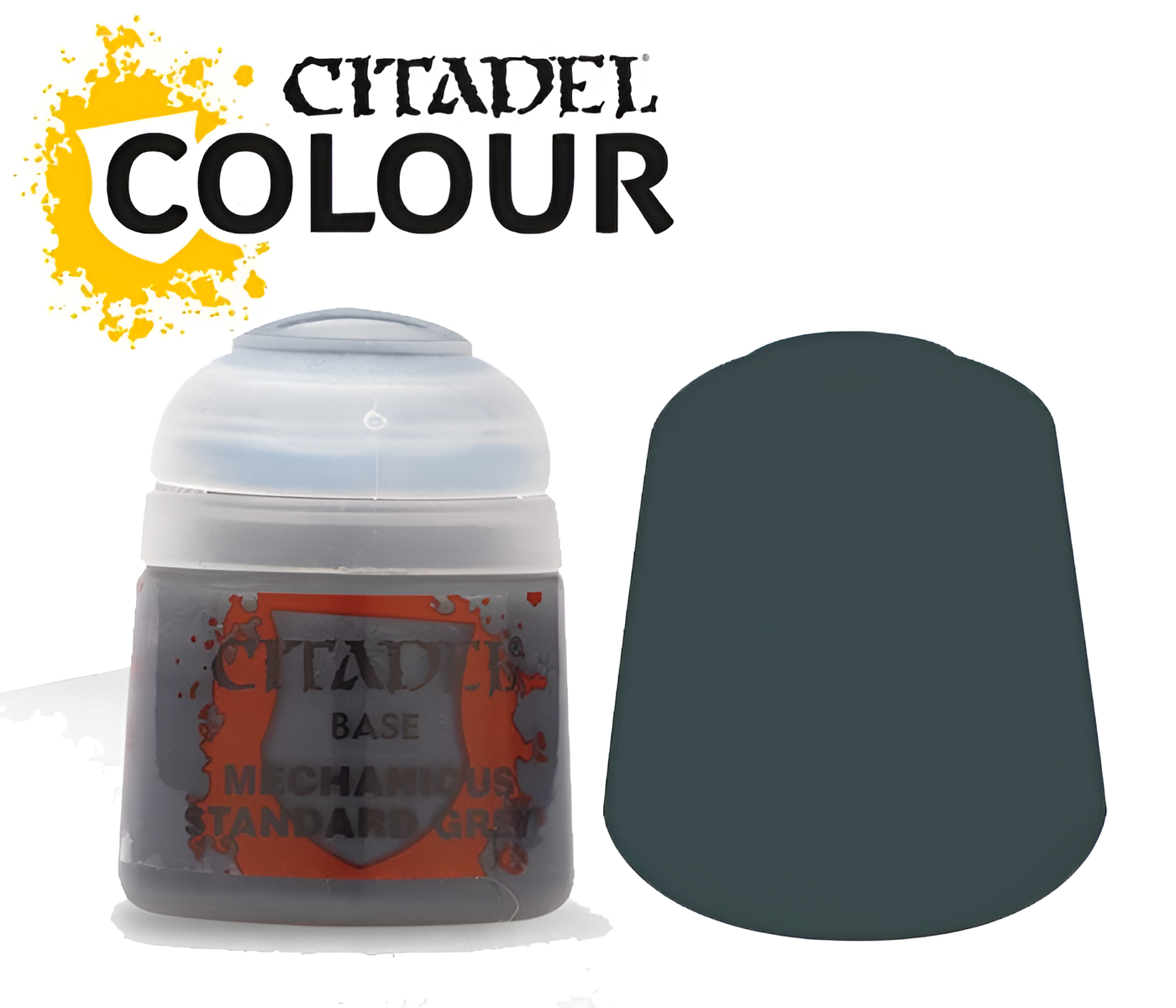 Citadel Base paint in Mechanicus Standard Grey, 12ml bottle, with a color swatch showing the shade.