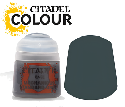 Citadel Base paint in Mechanicus Standard Grey, 12ml bottle, with a color swatch showing the shade.