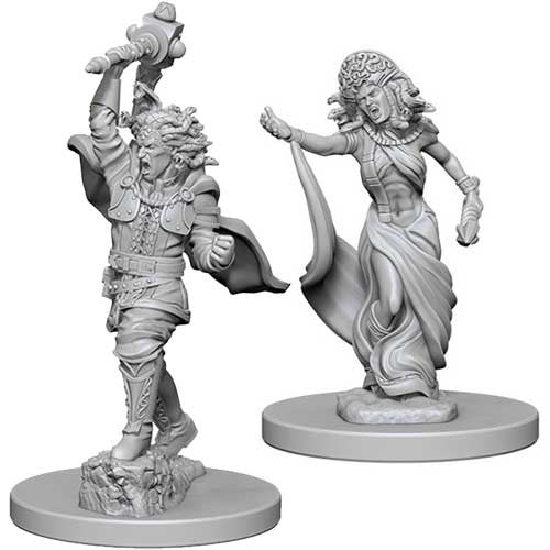 Unpainted Dungeons & Dragons miniatures featuring a warrior with a sword and a Medusa in flowing robes, ready for tabletop gaming.