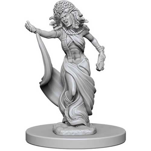 Unpainted Nolzur's Marvelous Miniature of a Medusa, featuring intricate details and a dynamic pose. Ideal for Dungeons & Dragons.