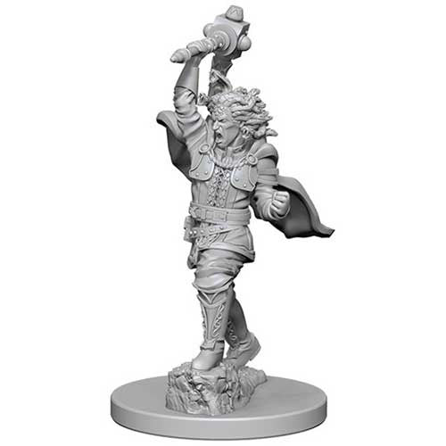 Unpainted miniature of a heroic figure wielding a hammer, ready for tabletop gaming in Dungeons & Dragons.