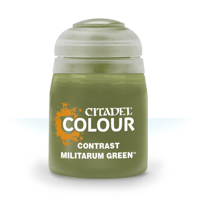 Citadel Contrast Militarum Green paint in an 18ml container, ideal for miniature painting and detailing.