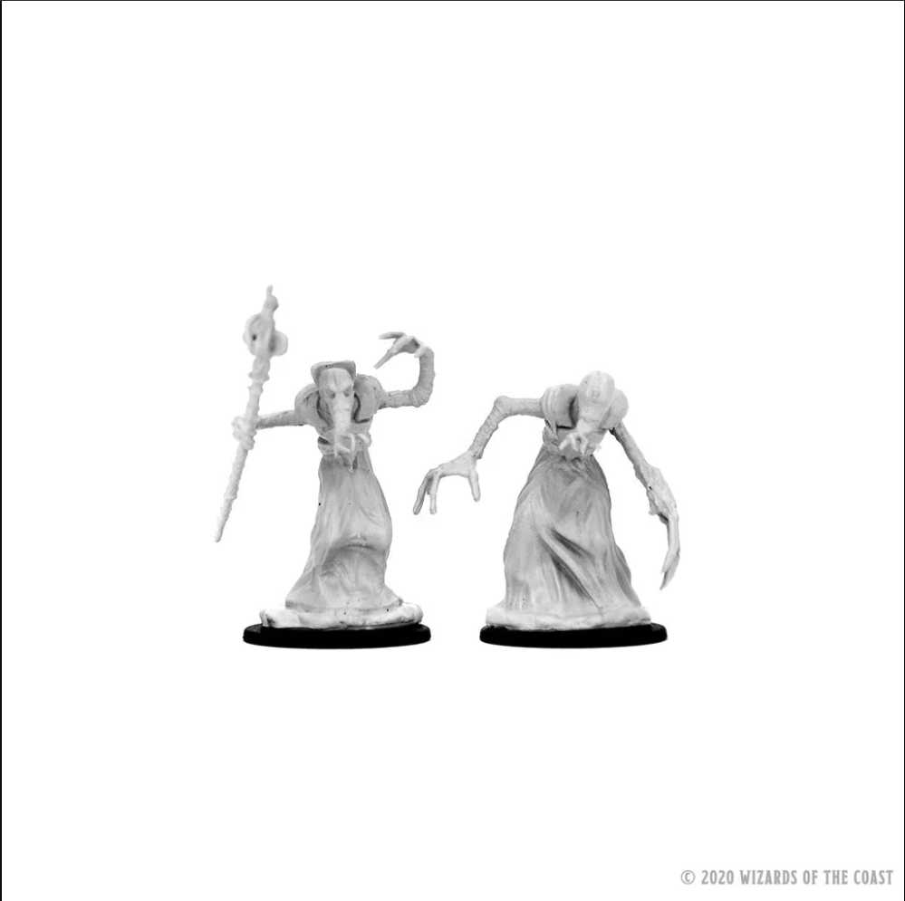 Unpainted Dungeons & Dragons miniatures featuring two Mindflayers, one with a staff and the other with elongated arms.