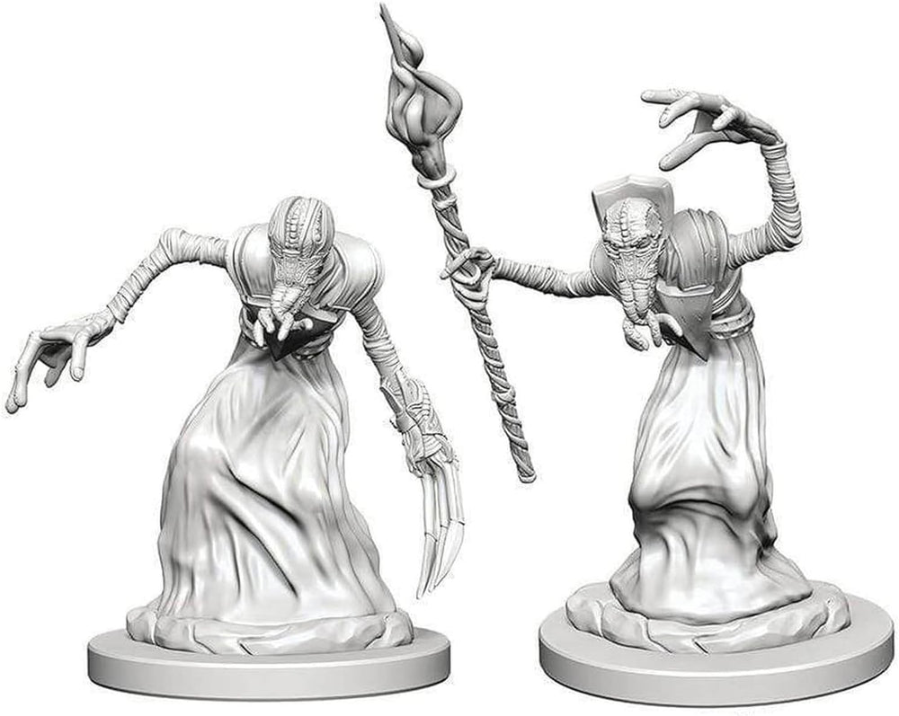 Unpainted Dungeons & Dragons miniatures featuring two Mindflayers in dynamic poses, showcasing intricate details and textures.