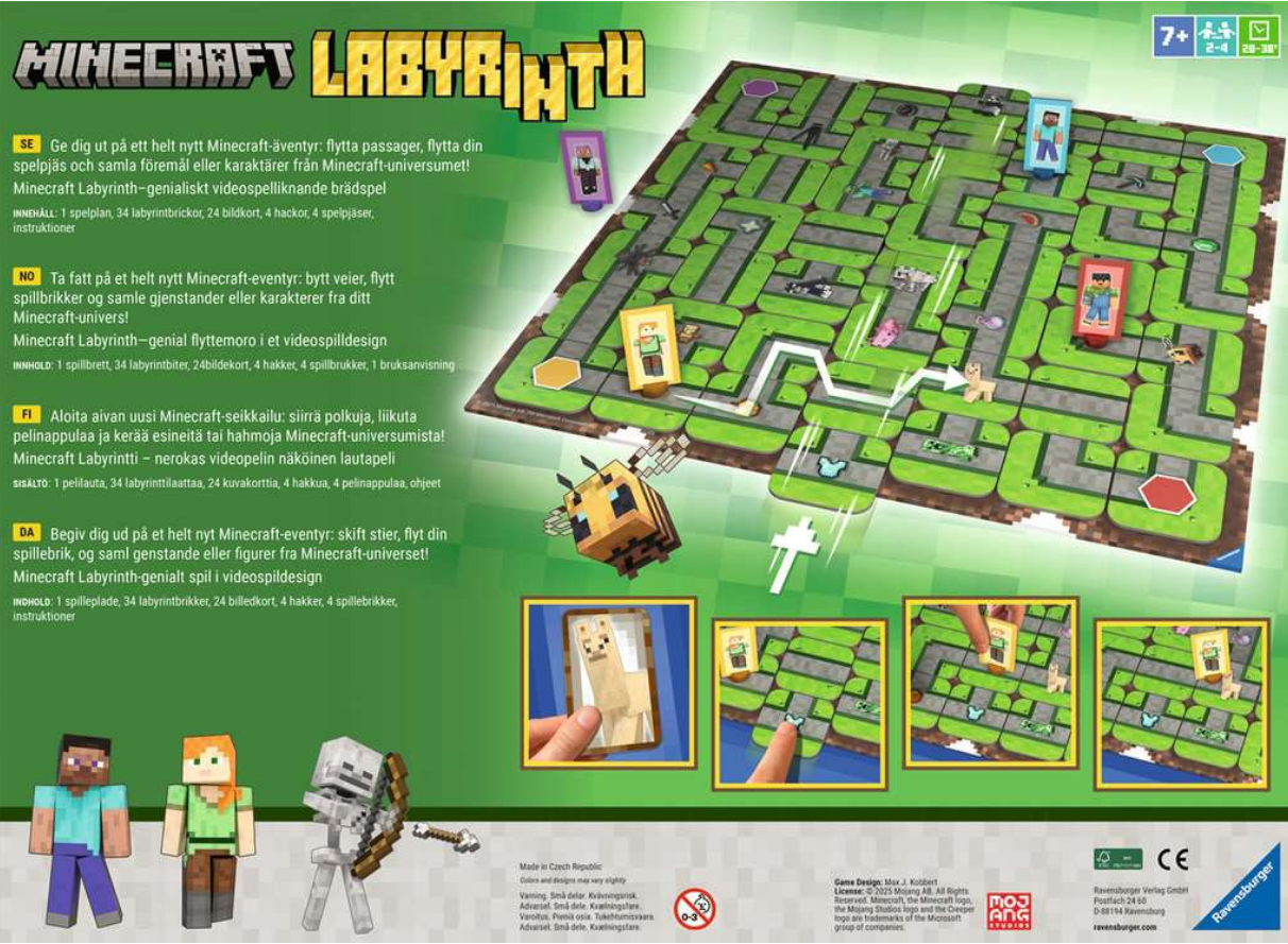 Minecraft Labyrinth board game featuring a maze layout with characters and game pieces, designed for ages 7 and up.