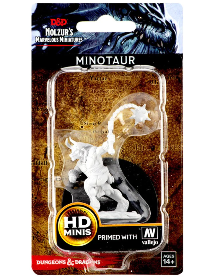 Unpainted Nolzur's Marvelous Miniatures Minotaur figure for Dungeons & Dragons, primed and ready for customization.