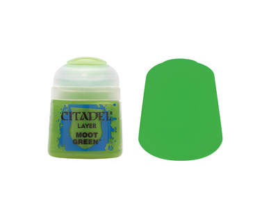 Citadel Layer Moot Green paint in a 12ml container, featuring a vibrant green color with a clear lid.