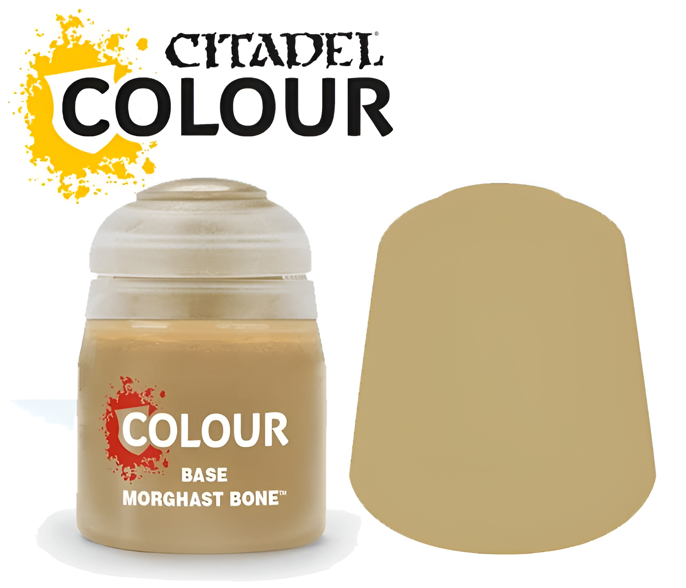 Citadel Base paint in Morghast Bone, 12ml container, with a beige color swatch beside it for reference.