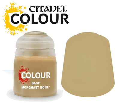 Citadel Base paint in Morghast Bone, 12ml container, with a beige color swatch beside it for reference.