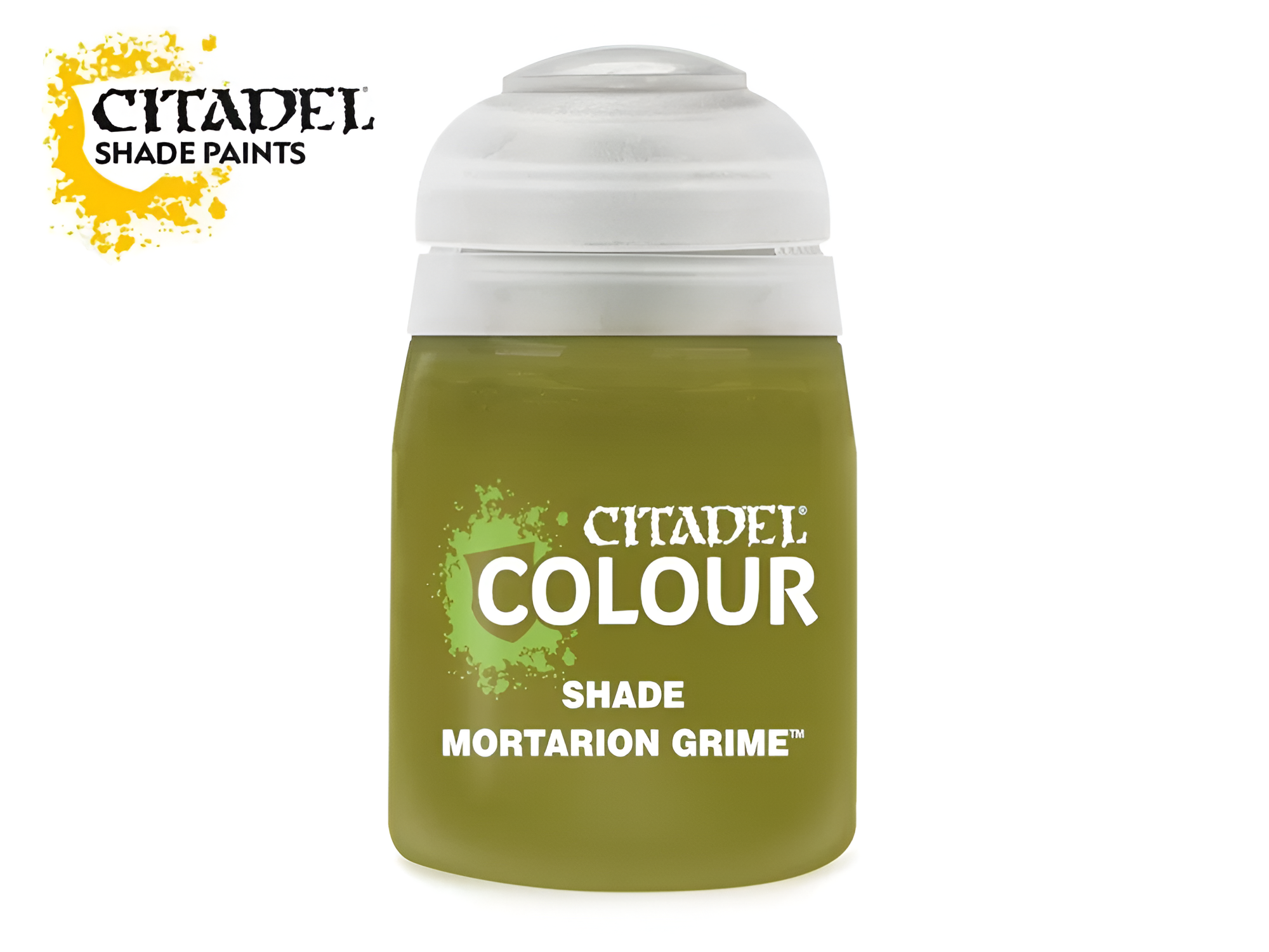 Citadel Shade Mortarion Grime 18ml bottle, featuring a dark green liquid and a secure twist-off lid for easy application.