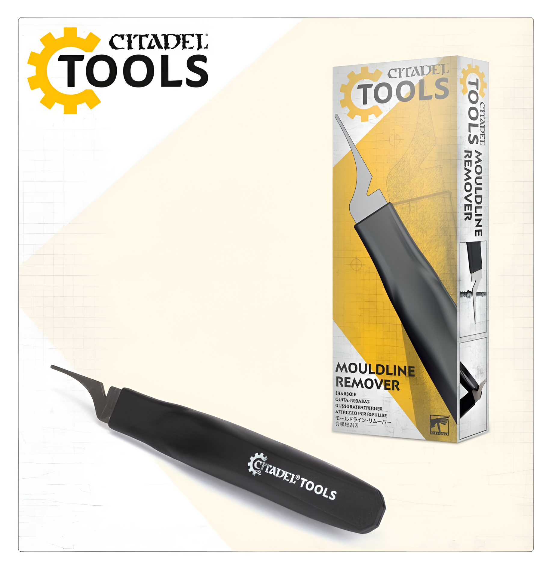 Citadel Tools Mouldline Remover with a sleek handle, displayed alongside its packaging for model preparation.