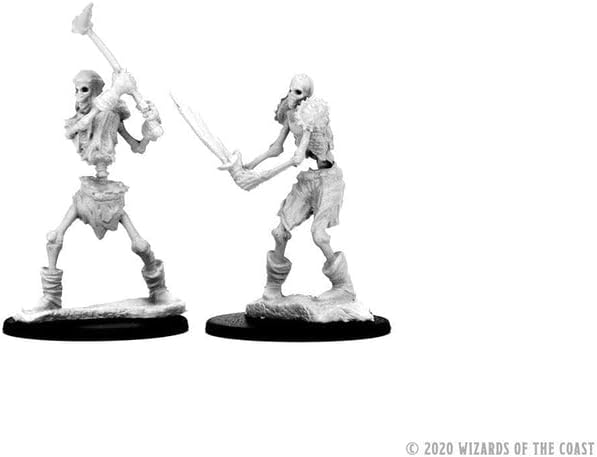 Unpainted miniatures of two skeleton warriors from Dungeons & Dragons, featuring detailed skeletal designs and weapons.