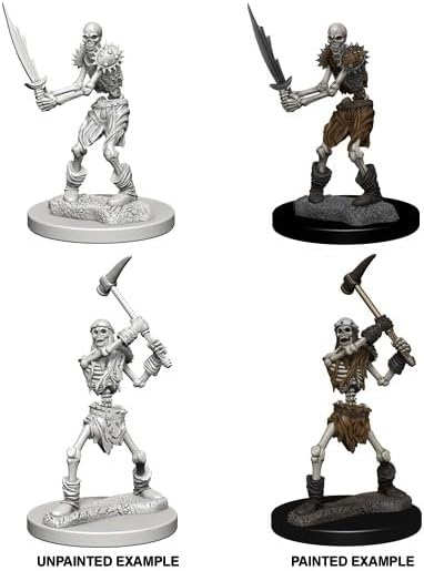 Unpainted and painted miniatures of skeleton warriors from Dungeons & Dragons Nolzur's Marvelous line, showcasing detailed designs.