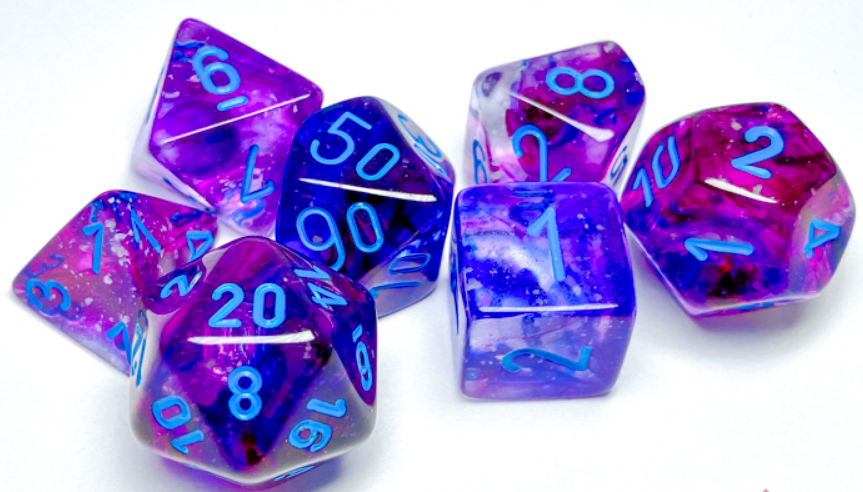 Chessex Nebula Nocturnal Blue Luminary 7 die set featuring vibrant purple and blue colors with luminous blue numbers.