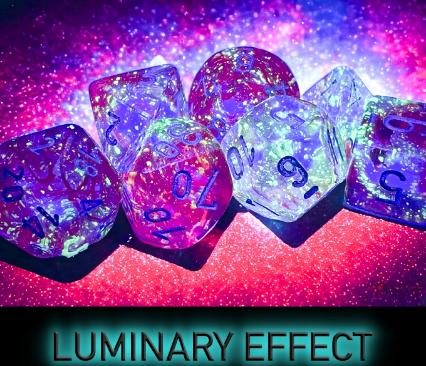 Chessex Nebula Red Silver Luminary 7 Die Set featuring vibrant red and silver dice with glowing numbers against a cosmic background.