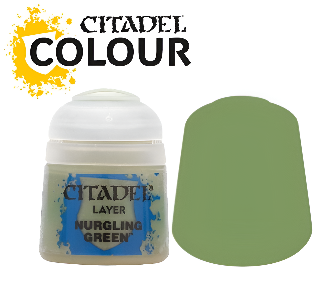Citadel Layer Nurgling Green paint (12ml) in a round container with a green color swatch beside it.