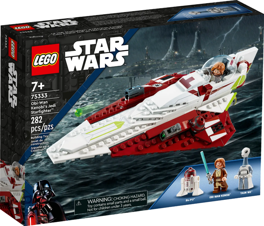LEGO Star Wars Obi-Wan Kenobi's Jedi Starfighter set 75333, featuring 282 pieces and mini-figures of Obi-Wan and R4-P17.