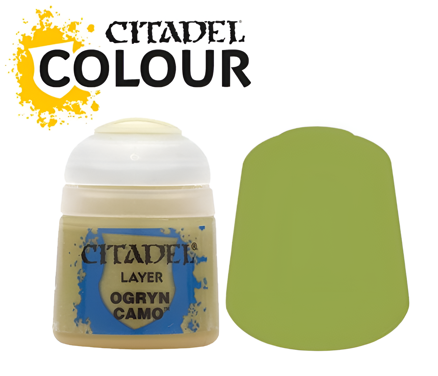 Citadel Layer Ogryn Camo paint (12ml) in a jar with a light green color swatch beside it, ideal for miniature painting.