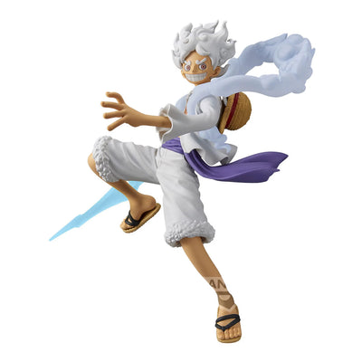Banpresto One Piece Grandline Series figure of Monkey D. Luffy in Gear 5, striking a dynamic pose with a determined expression.