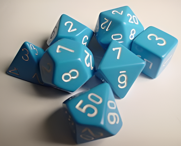 Chessex opaque light blue and white 7-die set featuring various polyhedral dice for tabletop gaming.
